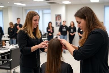 Students observing an instructor demonstrating a technique in a training classroom at L'Art de la Coiffure